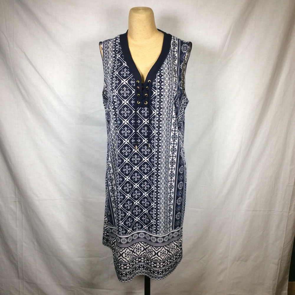 Tacera Navy Blue/White Sleeveless Dress